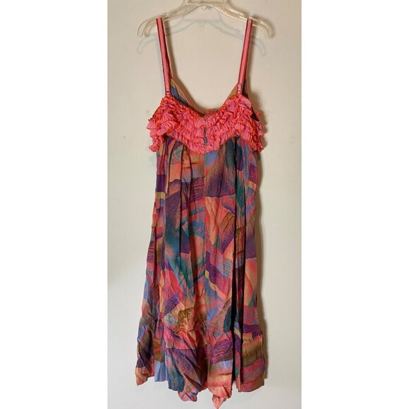 2 pc Colorful Boho Ruffled Dress Pink Textured Bodice & Crochet Shrug Small - Picture 4 of 15